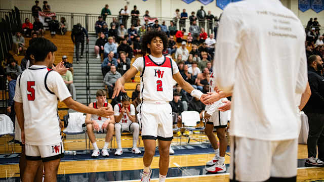 Harvard-Westlake guard Robert Hinton during starting lineup announcements at the Les Schwab Invitational on Dec. 27, 2023.